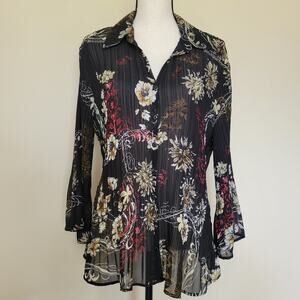 EUC Avenue 14/16 Sheer Pleated Button Front 3/4 Bell Sleeve Floral Blouse Fairy